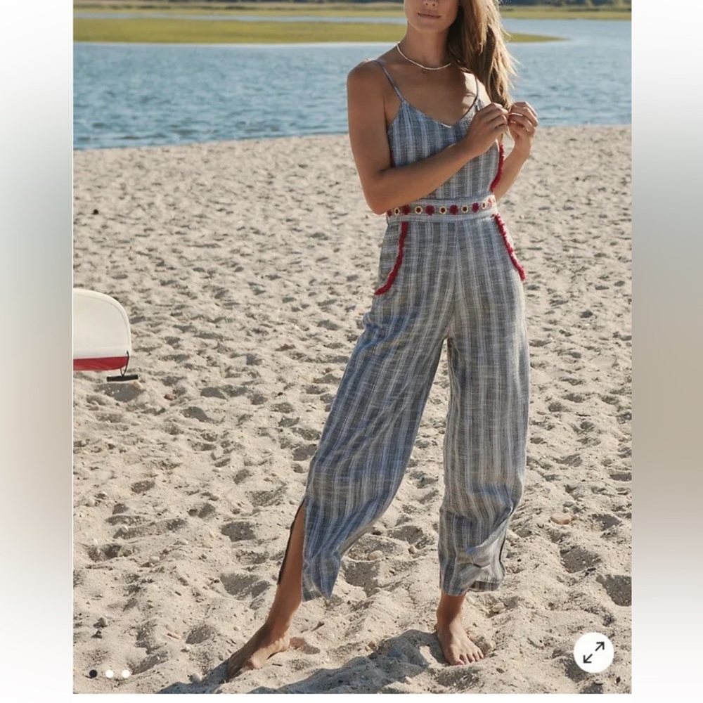 RAGA ANTHROPOLOGIE Plaid Embroidered Detail Fringe Tie Waist Wide Leg Jumpsuit M